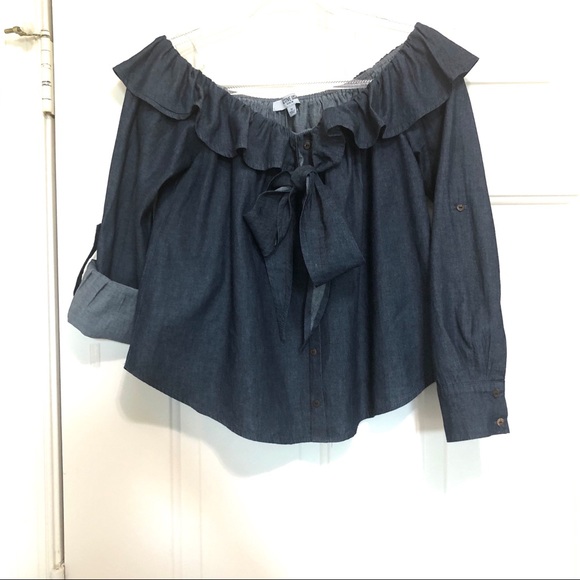 Active USA Denim Off Then Shoulder Ruffle Crop - Picture 3 of 12